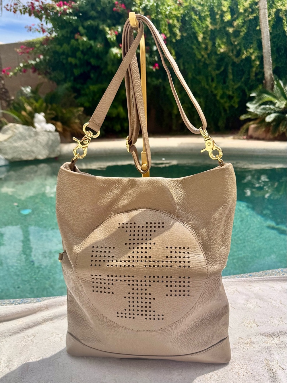 Tory Burch Tan Perforated Logo Leather Hobo Bag